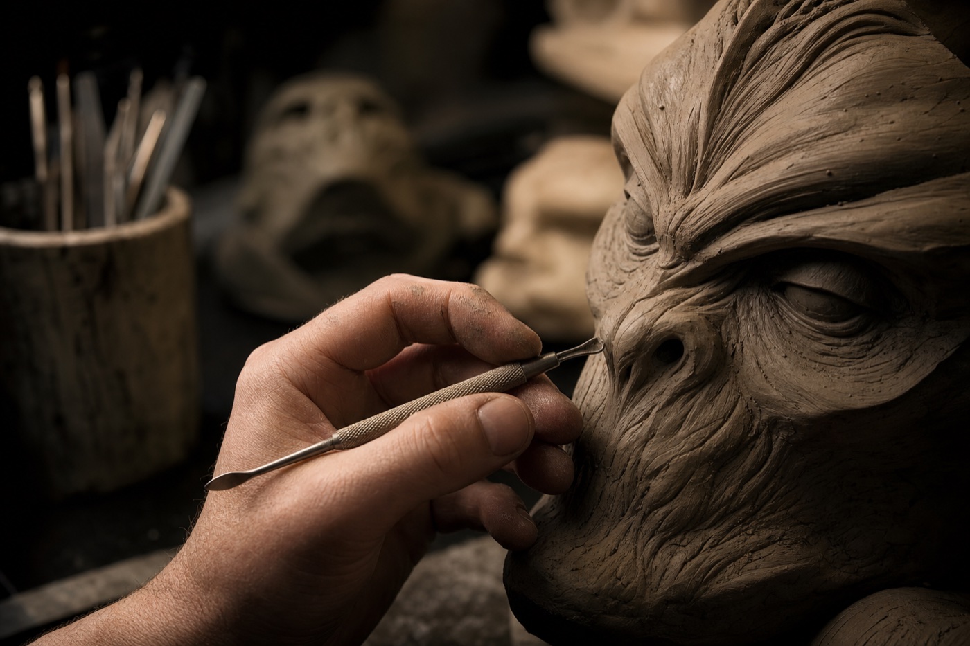 Artist sculpting the fine details of a clay creature